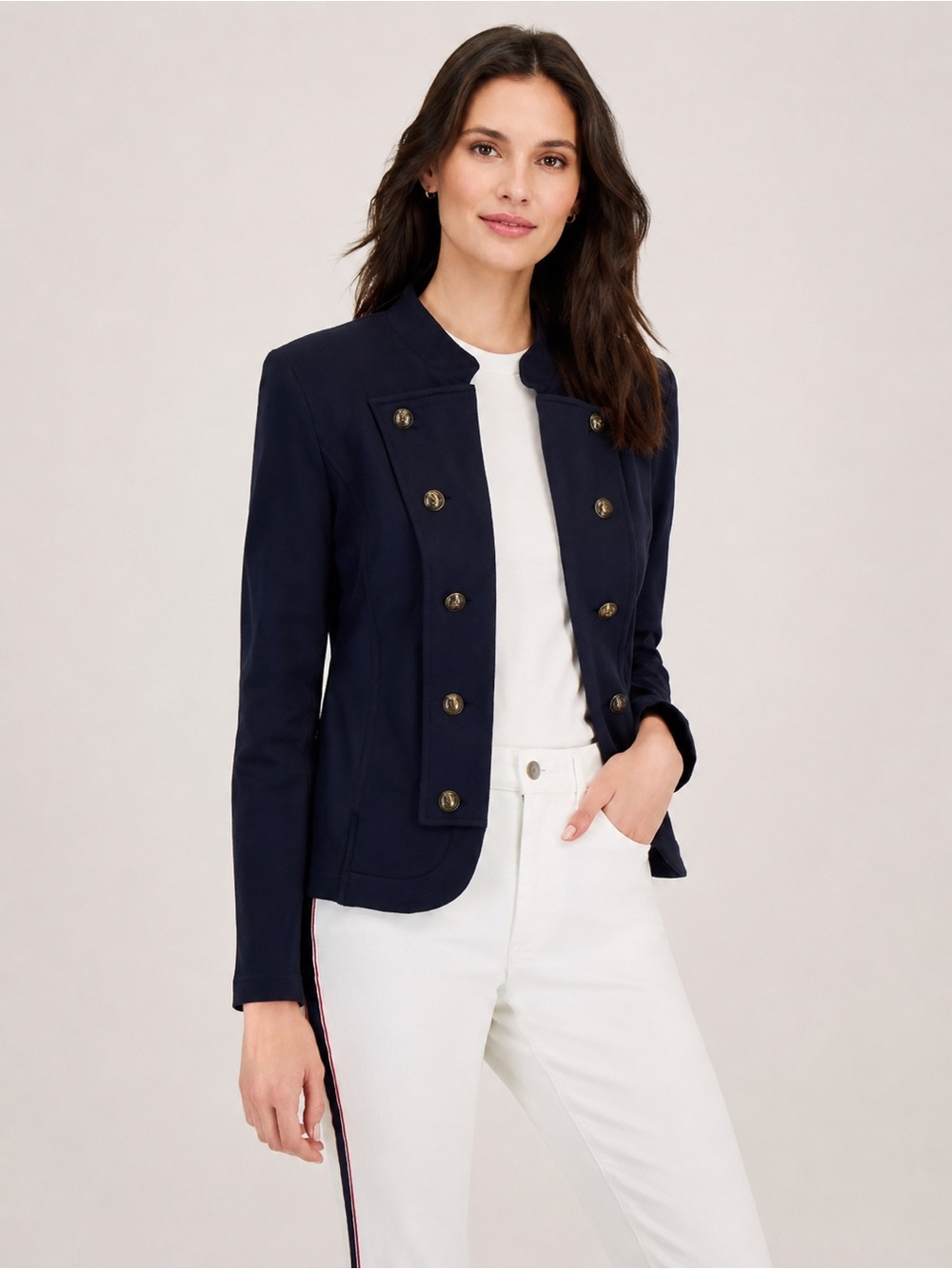 Tommy Hilfiger Navy Military Band Jacket Women XL Brass Button Open Front Blazer